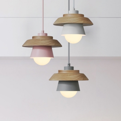 Inverted Saucer Cup Pendant Lamp Macaron Iron 1-Light Dining Room Ceiling Light in Grey/Pink/White and Wood