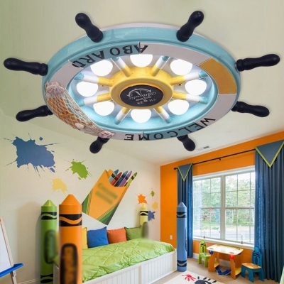 Kid 8 Bulbs Flushmount Lighting Blue/White/Yellow Rudder Ceiling Lamp with Wood Shade, White/3 Color Light