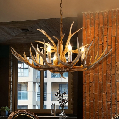 Lodge Style Antler Chandelier Lamp 8 Heads Resin Pendant Lighting Fixture in Brown