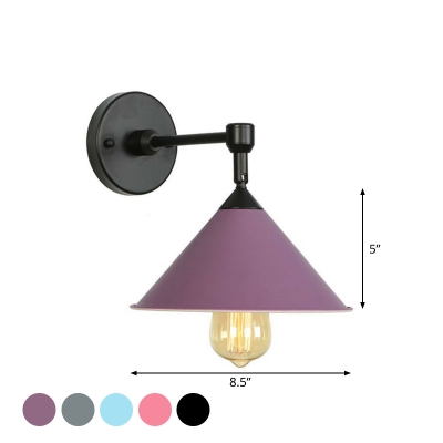 Loft Conic Wall Lighting Fixture Single-Bulb Iron Wall Mounted Lamp in Black-Purple/Grey/Pink for Bedroom