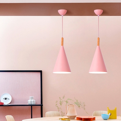 Macaron Cone Shade Ceiling Light Iron 1 Bulb Kitchen Dinette Pendant Light Kit in Pink/Blue/Grey with Wood Tip
