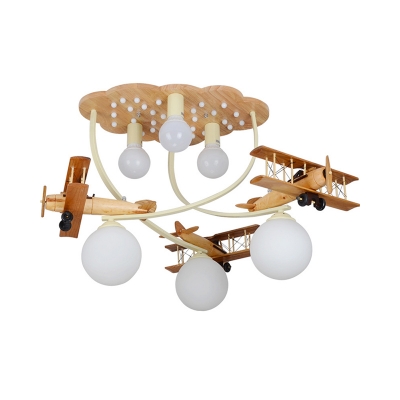 Milky Glass Bubble Flushmount Kids Style 6-Bulb Brown Close to Ceiling Light with Decorative Plane and Cloud