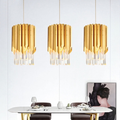 Modernity Cylinder Hanging Light Kit Fluted Crystal 1 Head Dining Room Ceiling Pendant in Gold