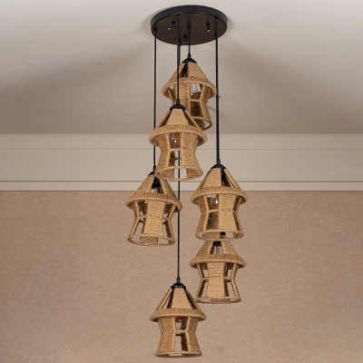 Rural House Shaped Multi-Pendant 3/6 Heads Natural Rope Hanging Light Fixture in Brown, Round/Linear Canopy