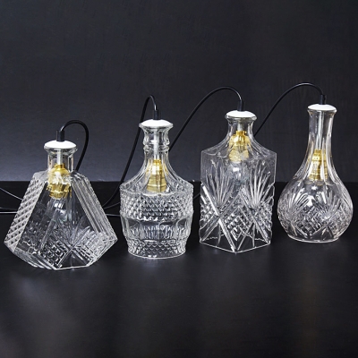 Whiskey Bottle Bistro Pendant Lighting Vintage Clear Carved Glass 1-Light Black Hanging Lamp Kit