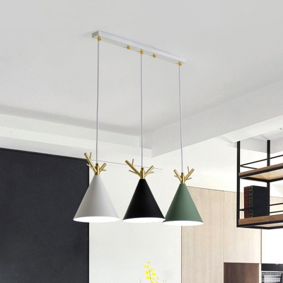 White Round/Linear Canopy Multi-Pendant Nordic 3 Lights Metal Suspension Lighting with Cone Shade and Antler Top