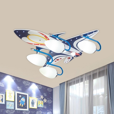 Wood Plane Flush Mounted Ceiling Light Cartoon 4 Heads Blue and White Flushmount for Nursery
