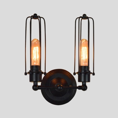 1/2-Bulb Tube Cage Wall Light Kit Industrial Black Iron Adjustable Wall Mount Lamp
