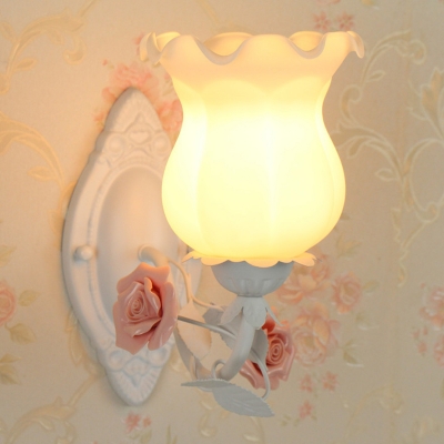 1-Light Bud Shaped Wall Lighting Pastoral Pink/Blue/Green Opaline Frosted Glass Wall Lamp Fixture