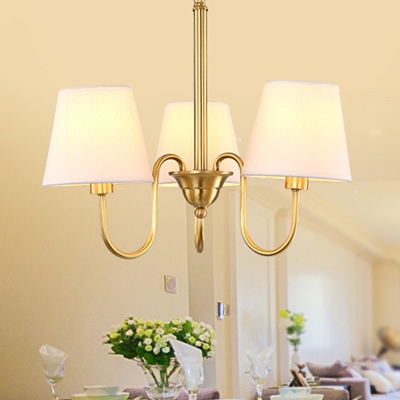 3/6/8-Head Chandelier Traditional Living Room Ceiling Suspension Lamp with Cone Fabric Shade and Swoop Arm in Gold