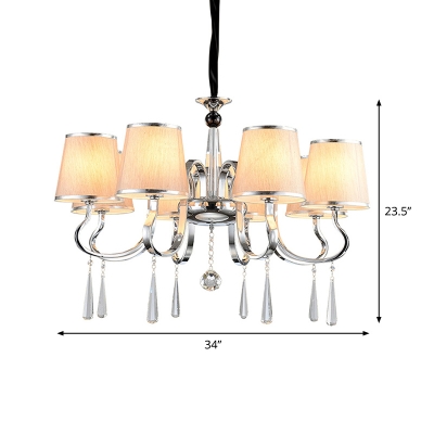4/6/8 Heads Chandelier Lamp Traditional Tapered Fabric Suspension Light in Chrome and White and Crystal Droplet