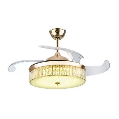 4-Blade Drum Hanging Fan Lamp Modern Crystal Embedded Gold LED Semi Flush Mounted Light, 19