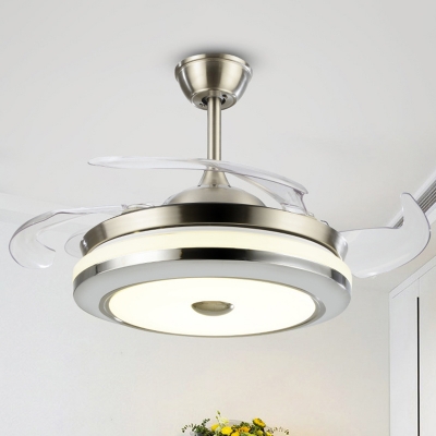 Acrylic Drum LED Semi Flush Light Minimalist 4-Blade Ceiling Fan Lamp Fixture in Silver, 19