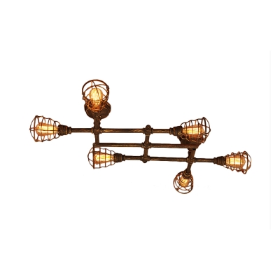 Antiqued Brass 4/5/8-Bulb Semi Flush Industrial Iron Water Pipe Criss-Cross Close to Ceiling Light with Cage
