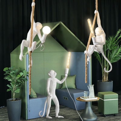 Art Deco Monkey Hanging Lamp Resin Single-Bulb Kids Bedroom Down Lighting Pendant in Black/White/Gold