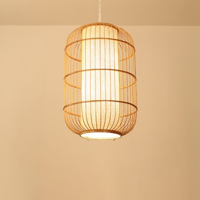 Asia Elongated Barrel/Oval Pendant Light Bamboo Single Bulb Restaurant Pendulum Light in Beige, 15