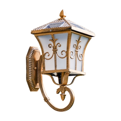 Black/Brass Solar Lantern Wall Sconce Vintage White Glass Porch Small/Large LED Wall Mount Lamp with Scroll Arm