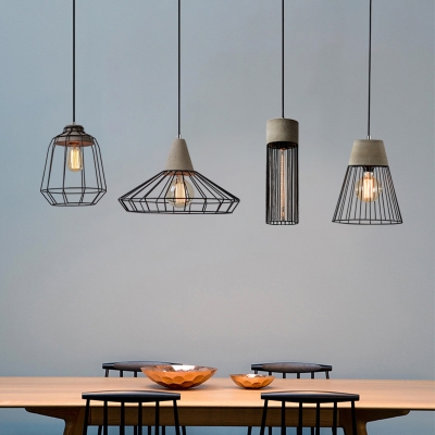 Black Cone/Birdcage/Triangle Pendant Warehouse Iron 1 Bulb Dining Room Hanging Light Kit with Cement Top