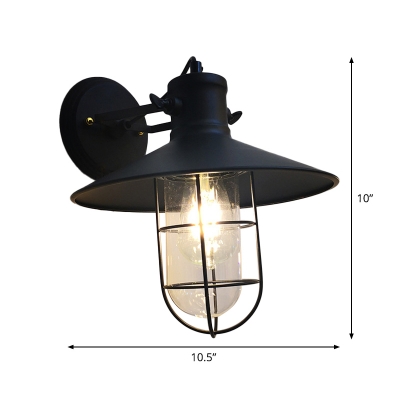 Black Saucer Wall Mounted Light Rustic Metal 1-Light Dining Room Wall Lighting Ideas with Cage