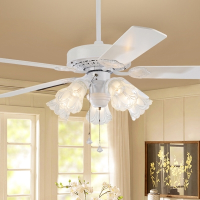 Blossom Carved Glass Semi Flush Ceiling Lamp Farmhouse 5-Bulb Parlor 5 Blades Hanging Fan Light Fixture in White, 52