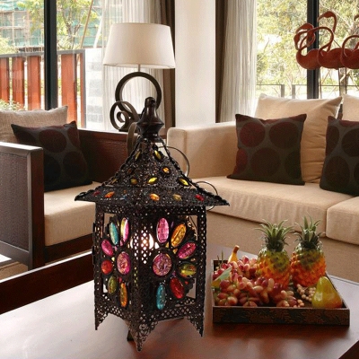 Bohemian Style House Shaped Night Light 1-Bulb Stained Glass Table Lamp in Copper