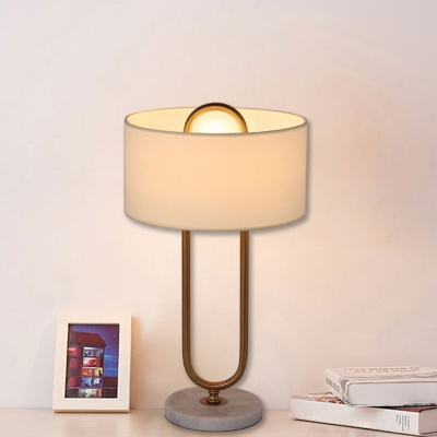 Brass Oblong Night Table Light Postmodern 1 Bulb Metal Nightstand Lamp with Round Fabric Shade