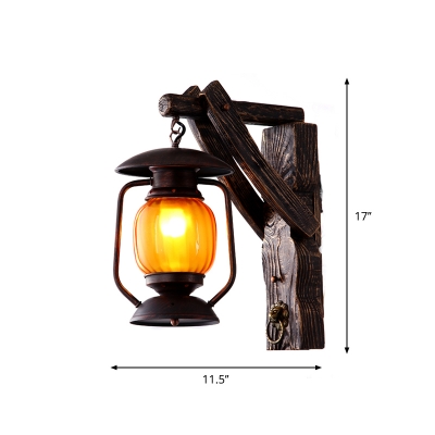 Brown 1 Light Wall Lighting Ideas Lodge Wood Wheel/Pulley/Bracket Wall Mount Lamp with Cage/Lantern Shade
