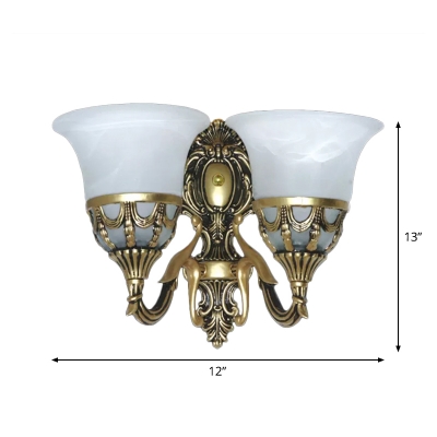 Cream Alabaster Glass Flared Wall Light Vintage 2 Bulbs Parlor Wall Mount Fixture in Bronze