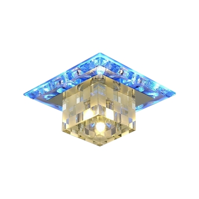 Creative Modern LED Mini Flush Mount Chrome Rubik Cube Shaped Ceiling Light with Crystal Shade, Yellow/Blue/Red Light