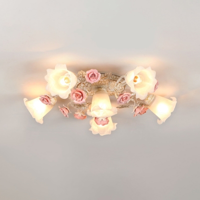 Floral Bedroom Ceiling Flush Mount Light Pastoral Style Frosted Glass 4/6/9-Light White Semi Flush with Pink Rose Deco