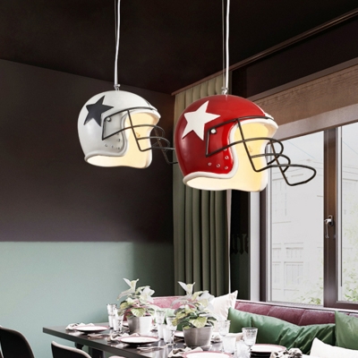 Football Helmet Beer Club Pendant Light Industrial Resin 1 Head White/Red Finish Hanging Lamp Kit