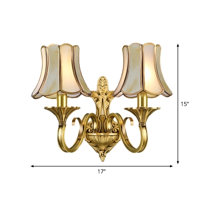 Frosted White Glass Brass Wall Lamp Flared/Bowl 1/2-Head Traditional Style Wall Light Kit with Curved Arm