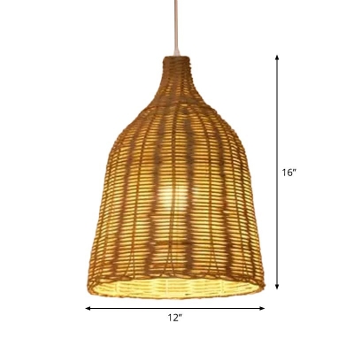 Hat/Drum/Oval Rattan Weaving Pendant Lamp Asian 1-Head Beige/Coffee Ceiling Hanging Light for Restaurant