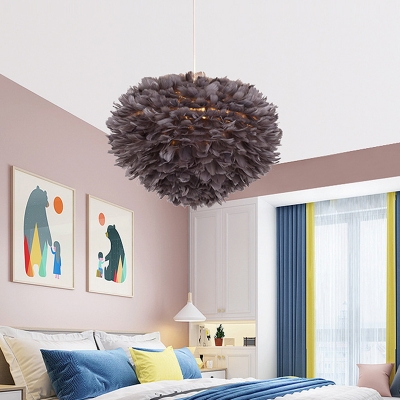Hemisphere Bedroom Pendulum Light Feather 1-Light Romantic Nordic Pendant Lighting in Grey/Pink/White
