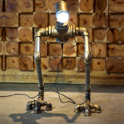 Industrial Pipe Robot Table Lamp 1-Light Iron Nightstand Light in Silver, Warm/White Light