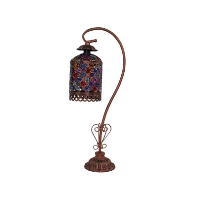 Metallic Copper Finish Nightstand Light Gooseneck 1 Bulb Moroccan Table Lamp with Beaded Cylinder Shade