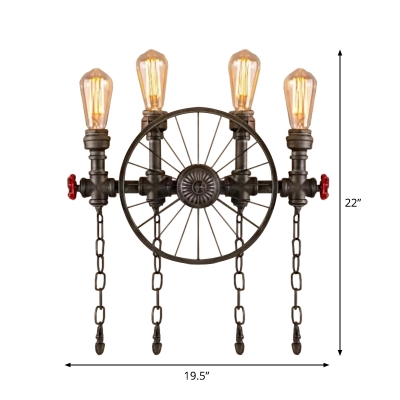 Metallic Water Pipe Wall Light Kit Loft Style 2/4-Bulb Corridor Sconce Lighting with Wheel and Chain in Bronze