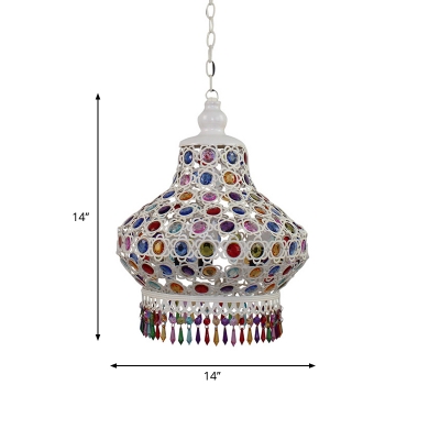 Mosaic Glass Gourd Drop Pendant Bohemian Style 1 Bulb Bedside Hanging Lamp in White with Fringe, 7