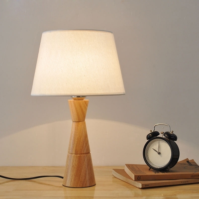 Nordic Style Hourglass Nightstand Lamp Wood 1 Bulb Bedside Table Light with Cylinder Fabric Shade