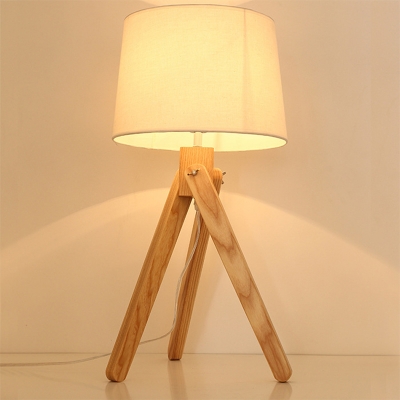 Nordic Tripod Table Lighting Wooden 1 Head Bedside Night Lamp with Tapered Fabric Shade in White