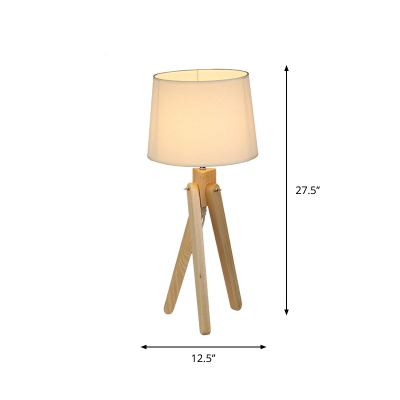 Nordic Tripod Table Lighting Wooden 1 Head Bedside Night Lamp with Tapered Fabric Shade in White