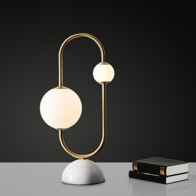 Postmodern 2-Head Nightstand Lamp Gold Circuitry Table Light with Ball White Glass Shade