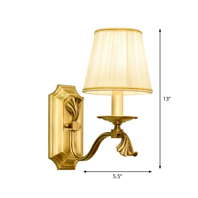 Rural Candle Wall Lamp Fixture 1/2-Head Metal Wall Light in Gold with Cone Gathered Fabric Shade