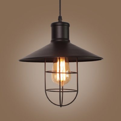Single Metal Pendant Lighting Industrial Black Conical Dining Room Hanging Lamp Kit with Cage