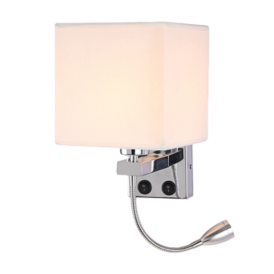 Square Wall Lighting Modernism Fabric Single Beige/White/Coffee Sconce with Spotlight and USB Charging Port