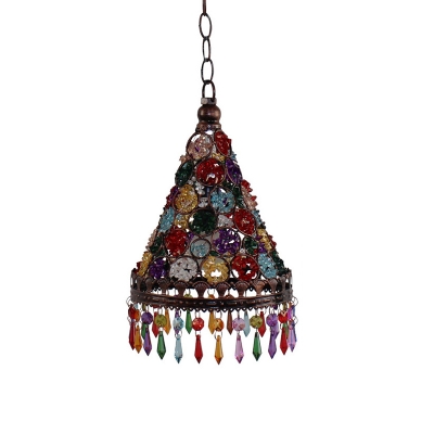 Stained Glass Copper Pendant Lamp Conical Single-Bulb Bohemia Ceiling Hang Light