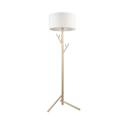 Tree Branch Wooden Reading Floor Lamp Nordic 1-Bulb Beige Standing Light with Round Fabric Shade