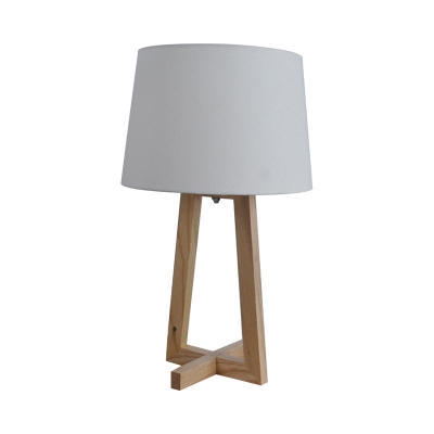 White Bucket Shade Night Light Modern 1 Light Fabric Table Lighting with Triangle Wood Base