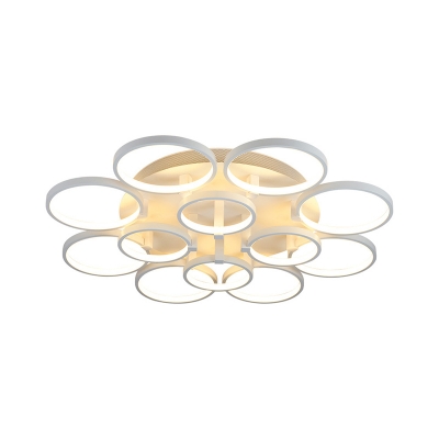 White Circular Flower Semi Mount Lighting Minimalist 9/12-Head Acrylic LED Ceiling Flush Light