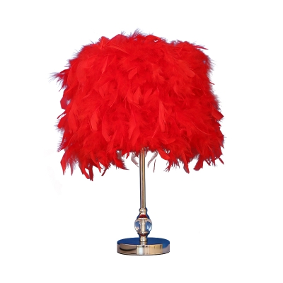 1 Light Bedroom Table Lamp Minimalist Red/Pink/Rose Red Night Stand Light with Drum Feather Shade